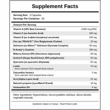 Supplement Facts label for 20/20 Advanced Immune Support showing serving size of 3 capsules with vitamins, minerals, and bota