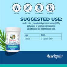 White bottle of MaryRuth's 3-in-1 Daily Digestive Health supplement with vegan, no soy, gluten-free, and nut-free icons on li