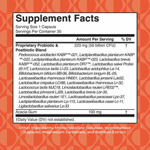 Supplement Facts label showing 1 capsule serving size with proprietary probiotic blend of 223 mg and acacia gum on orange pat
