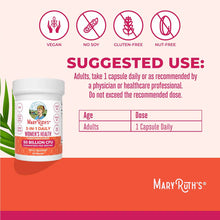 White plastic supplement bottle labeled "MaryRuth's 3-in-1 Daily Women's Health" with 50 billion CFU, displayed with vegan, n