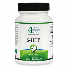 White bottle with black cap labeled "5-HTP, 90 Capsules" by Ortho Molecular Products dietary supplement.