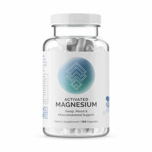 Clear bottle with white label containing white capsules, labeled "Activated Magnesium" by Infiniwell, 120 capsules.