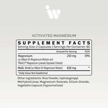 Activated Magnesium supplement facts label showing 250mg magnesium per serving in vegetable capsules with ingredient list.