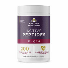 White supplement bottle with purple and burgundy label showing Ancient Nutrition Active Peptides CoQ10, 200 milligrams, 60 ca