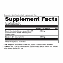 Supplement Facts label for Active Peptides CoQ10 showing 2 capsules per serving with casein hydrolysate and coenzyme Q10.