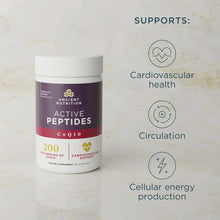 White and purple bottle of Active Peptides CoQ10 dietary supplement with 60 capsules next to icons listing cardiovascular hea