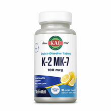 White bottle of Kal K-2 MK-7 100 mcg quick-dissolve tablets with lemon flavor labeling and white cap.