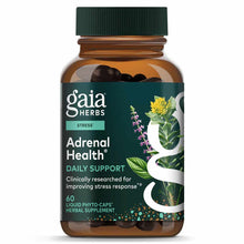 Gaia Herbs Adrenal Health Daily Support bottle with green cap containing 60 dark liquid phyto-caps, labeled for stress suppor
