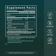 Supplement facts label for Gaia Herbs Adrenal Health Daily Support showing ingredients, serving size, and vegan, gluten-free,