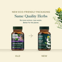 Two Gaia Herbs Adrenal Health bottles showing old purple label and new teal label with updated eco-friendly packaging design.