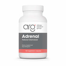 White bottle of Allergy Research Group Adrenal Natural Glandular supplement with 150 vegetarian capsules.