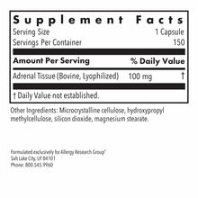 Supplement Facts label showing 150 vegetarian capsules containing bovine adrenal tissue and inactive ingredients.