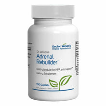 White bottle of Doctor Wilson's Adrenal Rebuilder dietary supplement containing 150 caplets with green leaf design.