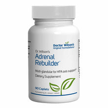 White supplement bottle labeled "Dr. Wilson's Adrenal Rebuilder" containing 90 caplets with green leaf design.