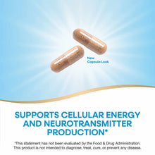 Two tan capsules against a blue background with text indicating new capsule look and product benefits.