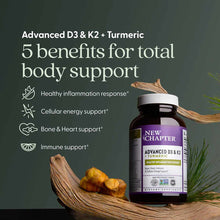 New Chapter Advanced D3 & K2 + Turmeric supplement bottle with turmeric root and botanicals on dark background.