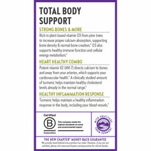 Supplement bottle label showing "Total Body Support" text with purple border, listing benefits for bones, heart health, and i