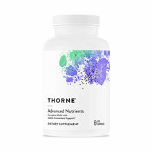 White plastic bottle of Thorne Advanced Nutrients dietary supplement with colorful watercolor label design, 120 capsules.