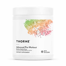 White Thorne Advanced Pre-Workout powder container with colorful watercolor design and Rainbow Sherbet Flavor label, 10.4 oz.