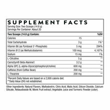 Supplement Facts label for Thorne Research Advanced Pre-Workout showing serving size, calories, vitamins, and ingredient list