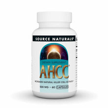 White bottle of Source Naturals AHCC 500 mg dietary supplement capsules with eclipse-themed label, 60 count.