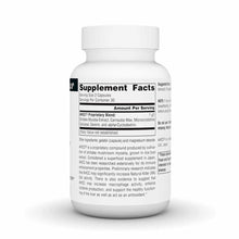 White bottle of Source Naturals AHCC 500 mg capsules with supplement facts label visible on front.