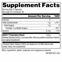 Supplement Facts label for AHCC 750 mg capsules showing serving size, nutritional information, and proprietary blend ingredie