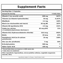 Supplement Facts label showing ingredient amounts per serving, including vitamins, minerals, and N-Acetylcysteine for a 60-ca