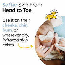 Adult applying white probiotic ointment to baby's cheek with yellow tube visible.