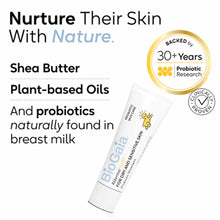 White tube of BioGaia Aldermis baby probiotic ointment with yellow accents and product information text on packaging.