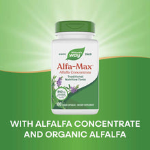 Nature's Way Alfa-Max bottle with green cap containing 100 vegan capsules of alfalfa concentrate dietary supplement.
