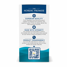 White and teal product packaging for Nordic Naturals Algae Omega with "The Nordic Promise" banner, quality badges, and QR cod