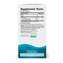 Nordic Naturals Algae Omega supplement bottle back panel with Supplement Facts, ingredients list, and teal wave design.