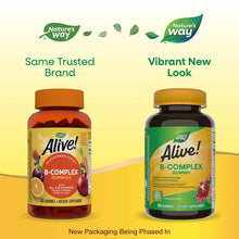 Two bottles of Alive B-Complex Gummies side by side showing old orange packaging on left and new black packaging on right.
