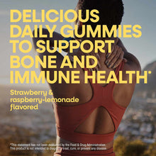Bottle of strawberry and raspberry-lemonade flavored calcium and vitamin D3 gummies with product description text.