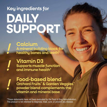 Woman smiling outdoors with text listing calcium, vitamin D3, and food-based blend ingredients.