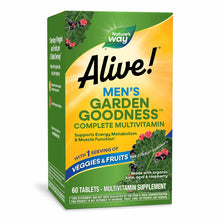 Bottle of Alive Men's Garden Goodness multivitamin tablets by Nature's Way with green and yellow packaging showing vegetables