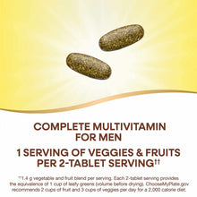 Two olive-green multivitamin tablets on yellow and white background with product text.