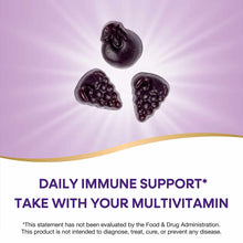 Three dark purple gummies shaped like berries on a purple background with gold accents.