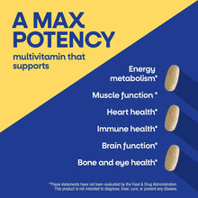 Alive Max3 multivitamin package with three tan capsules displayed on blue and yellow background listing health benefits.