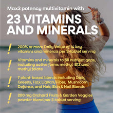 Woman at beach holding bottle of Alive Max3 potency multivitamin with product information text overlay.