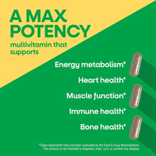 Alive Max6 multivitamin capsules displayed on green and yellow background with product benefits listed.