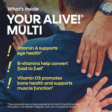 Older man wearing blue shirt and watch with text describing vitamin benefits of Alive Men's 50+ gummy vitamins.