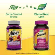 Two bottles of Alive Women's 50+ gummy vitamins showing old and new packaging designs side by side.