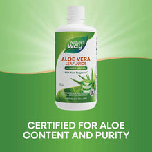 Nature's Way Aloe Vera Leaf Juice and Inner Leaf Gel bottle with white cap on green background, 33.8 fl oz.