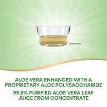 Glass bowl containing pale yellow aloe vera leaf juice on green gradient background labeled "Unflavored."