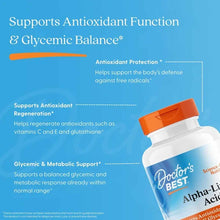 White bottle with orange cap labeled "Doctor's Best Alpha-Lipoic Acid" on blue background with benefit text.