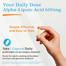 Hand holding a yellow capsule labeled Alpha-Lipoic Acid 600mg with product text on white background.