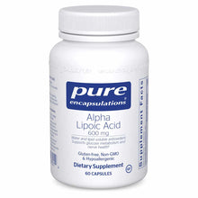 White supplement bottle with white cap labeled "Pure Encapsulations Alpha Lipoic Acid 600 mg, 60 capsules."