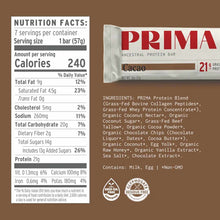 PRIMA Ancestral Protein Bar in cacao flavor with nutrition facts label and ingredients list visible on packaging.
